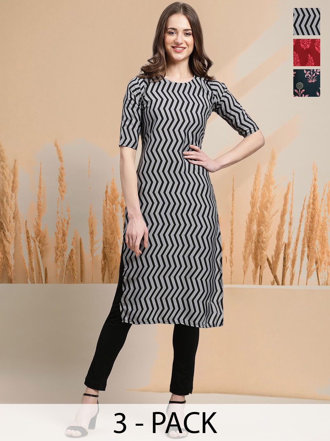 

7Threads Selection Of 3 Chevron Printed Round Neck Straight Kurtas, Black