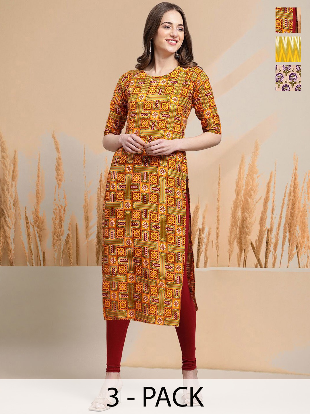 

7Threads Selection Of 3 Ethnic Motifs Printed Round Neck Straight Kurtas, Red