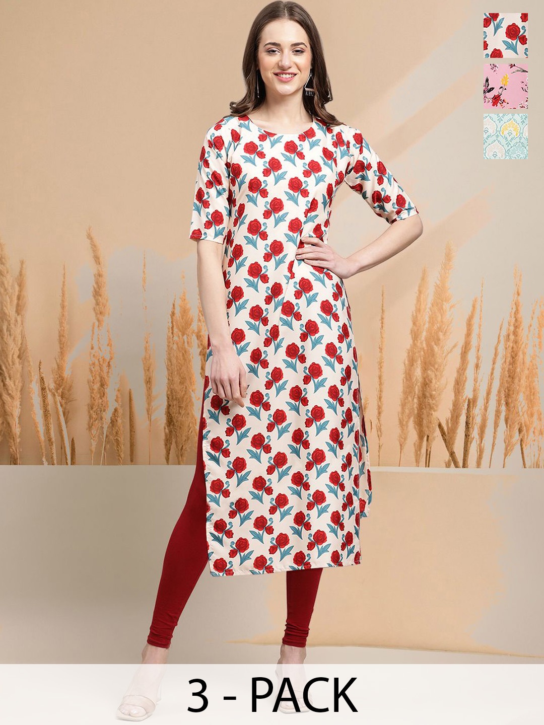 

7Threads Selection of 3 Floral Printed Round Neck Straight Kurtas, Blue
