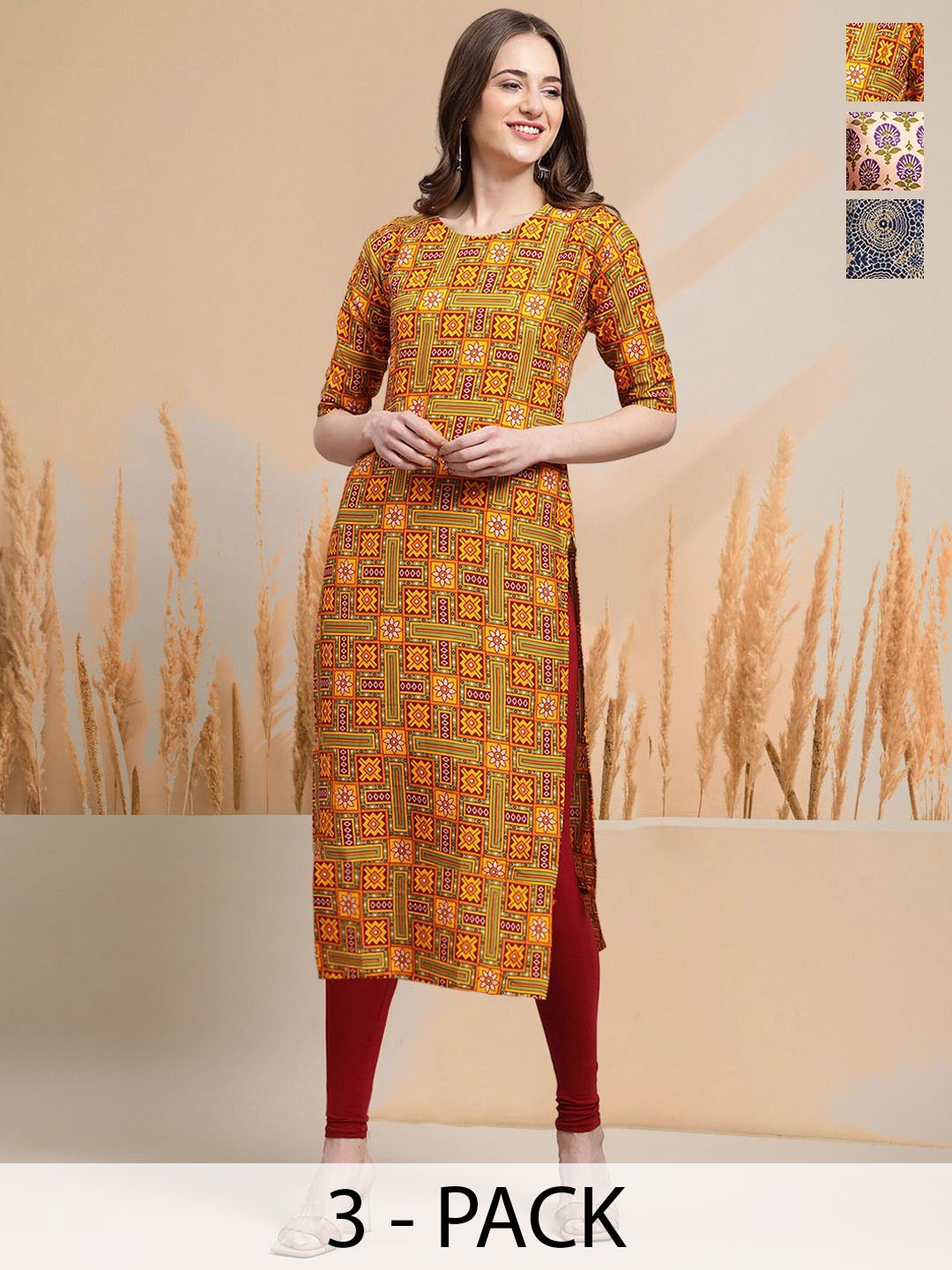 

7Threads Selection Of 3 Ethnic Motifs Printed Round Neck Straight Kurtas, Yellow