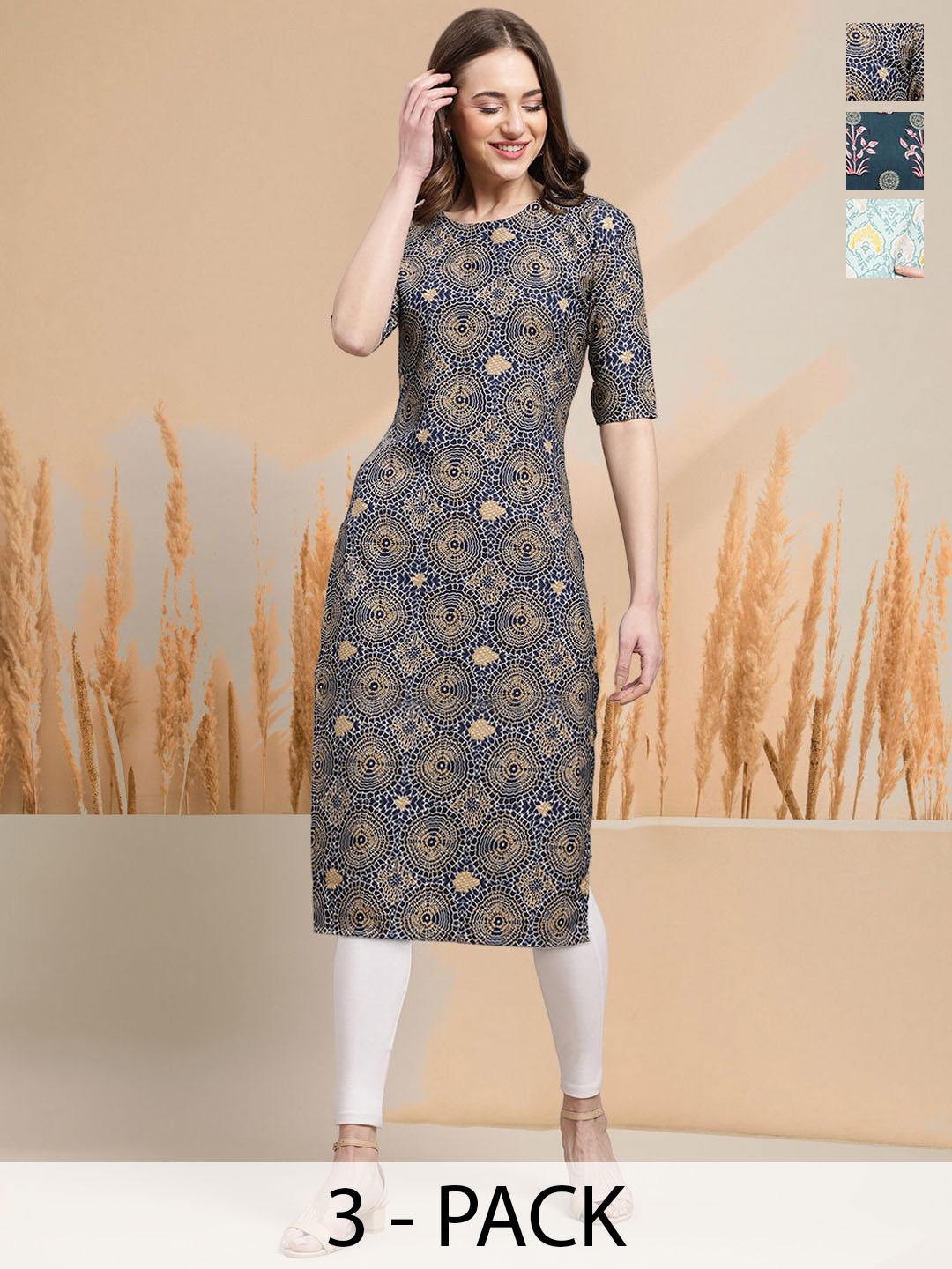 

7Threads Selection of 3 Geometric Printed Round Neck Straight Kurtas, Grey