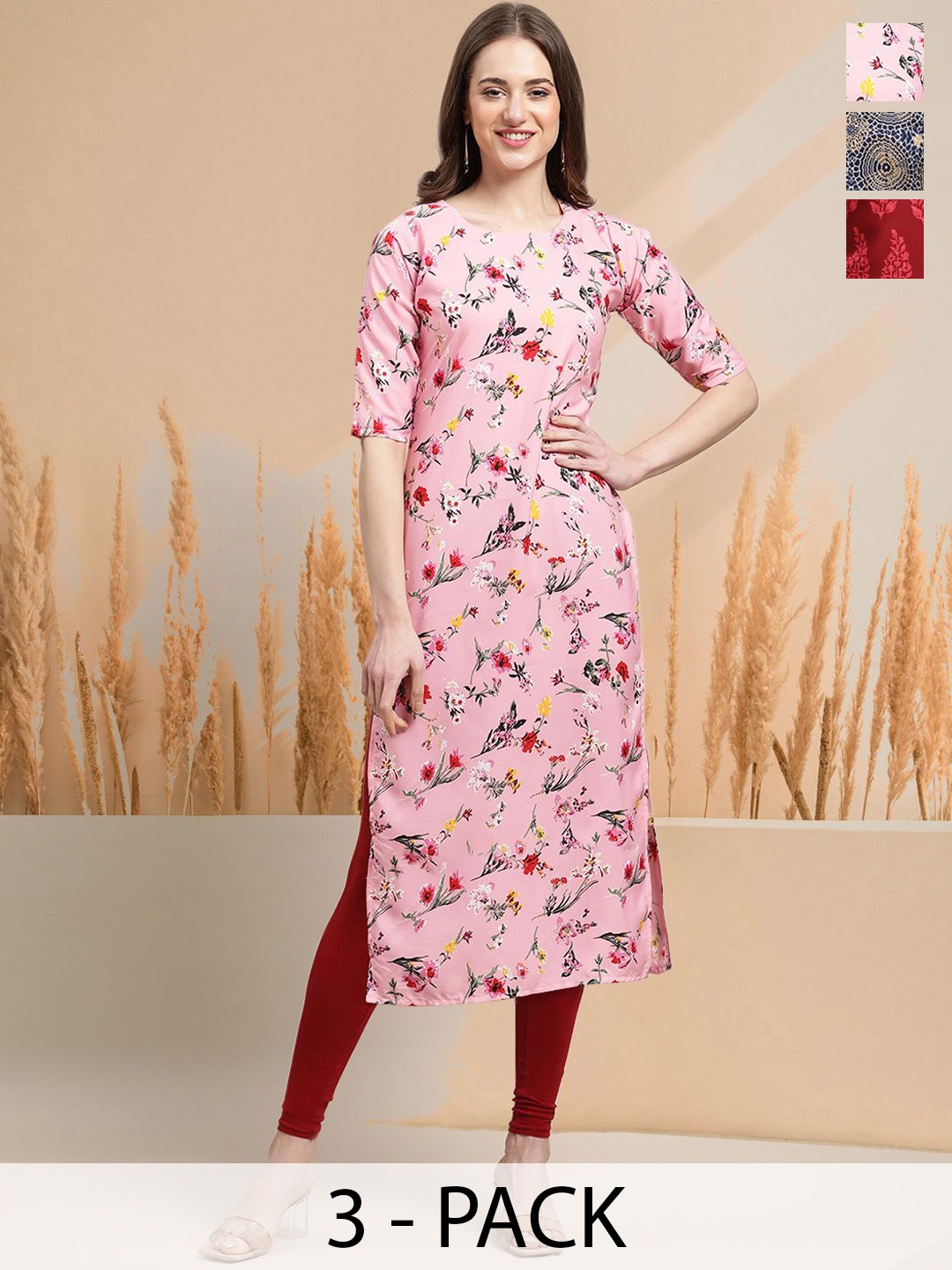 

7Threads Selection of 3 Floral Printed Round Neck Straight Kurtas, Pink