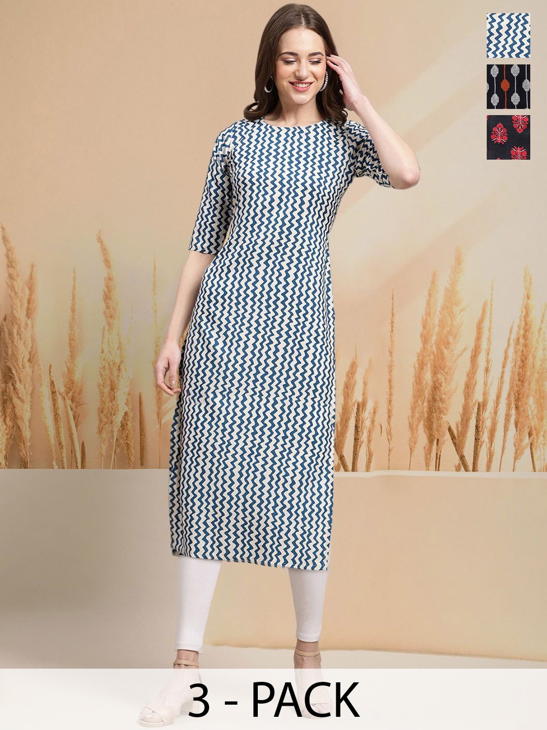 

7Threads Selection of 3 Chevron Printed Round Neck Straight Kurtas, Blue