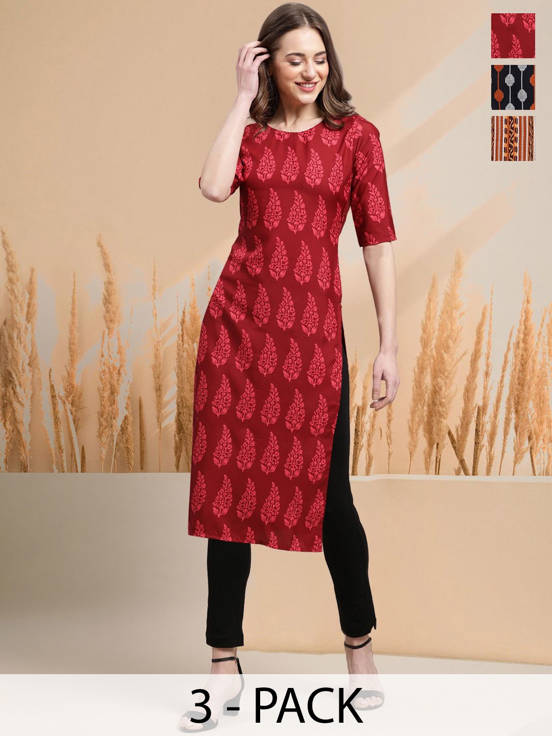 

7Threads Selection Of 3 Floral Printed Round Neck Straight Kurtas, Red