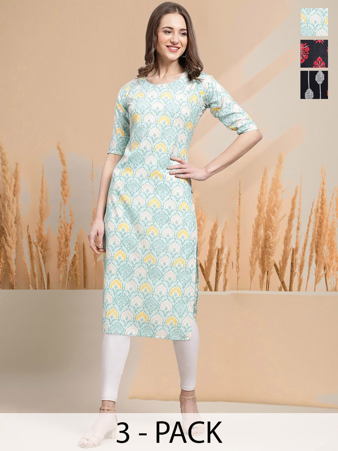 

7Threads Selection Of 3 Ethnic Motifs Printed Round Neck Straight Kurtas, Blue