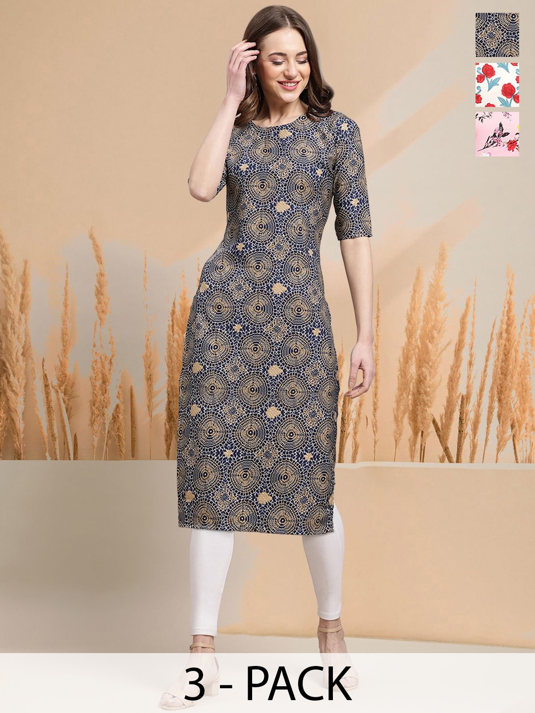 

7Threads Selection Of 3 Ethnic Motifs Printed Round Neck Straight Kurtas, Navy blue