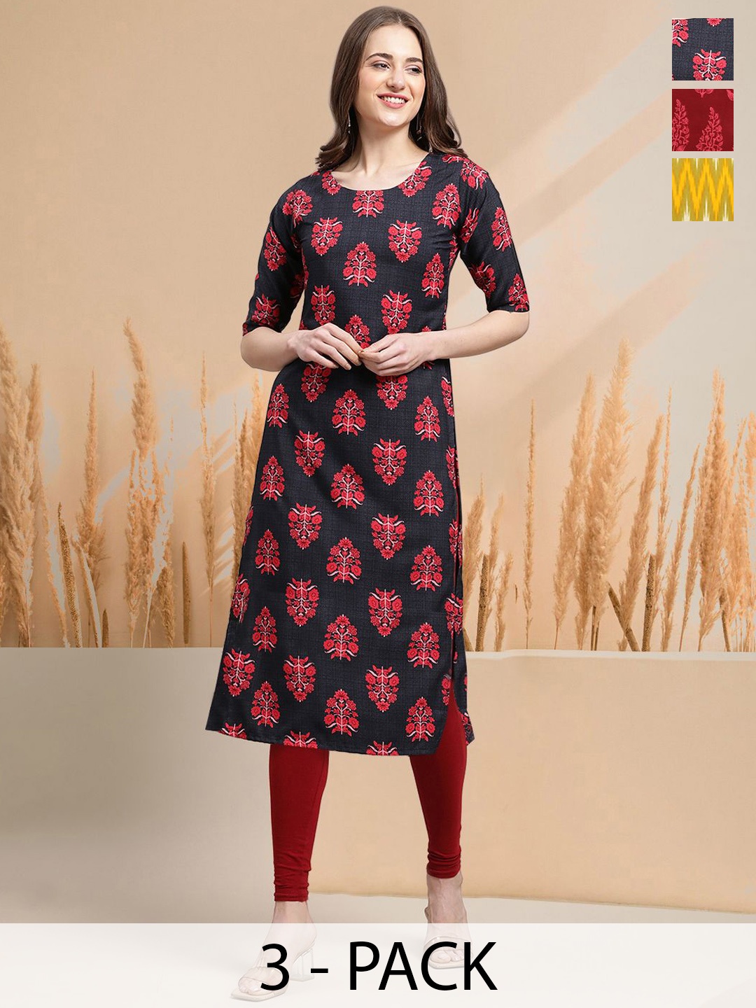 

7Threads Selection Of 3 Floral Printed Round Neck Straight Kurtas, Navy blue