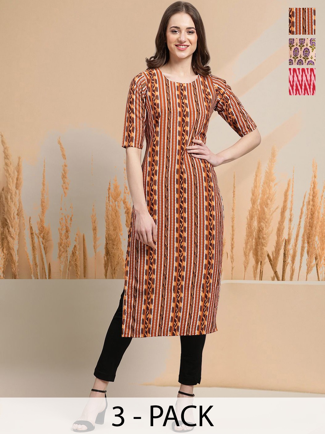 

7Threads Selection of 3 Geometric Printed Round Neck Straight Kurtas, Brown