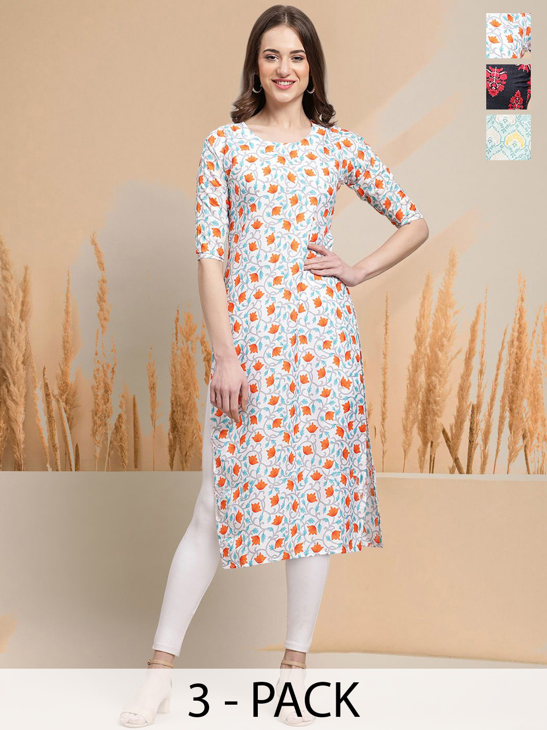 

7Threads Selection Of 3 Floral Printed Round Neck Straight Kurtas, White