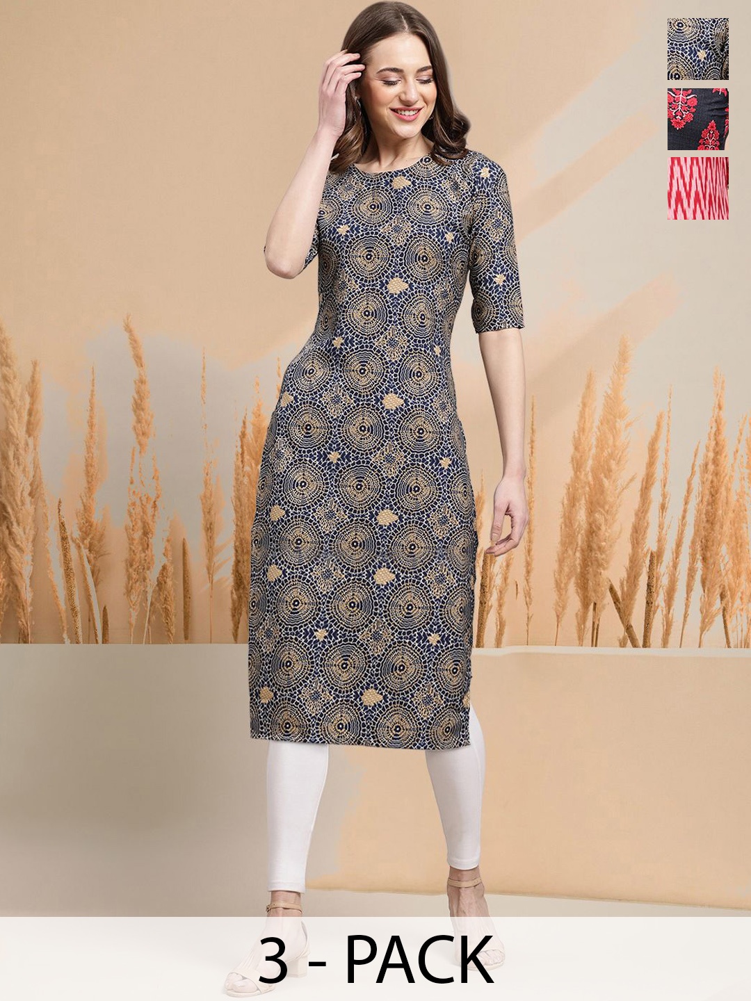 

7Threads Selection Of 3 Geometric Printed Round Neck Straight Kurtas, Na