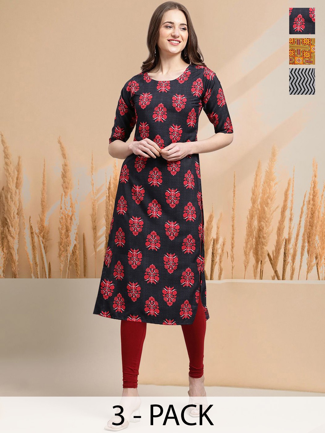 

7Threads Selection Of 3 Floral Printed Round Neck Kurtas, Navy blue