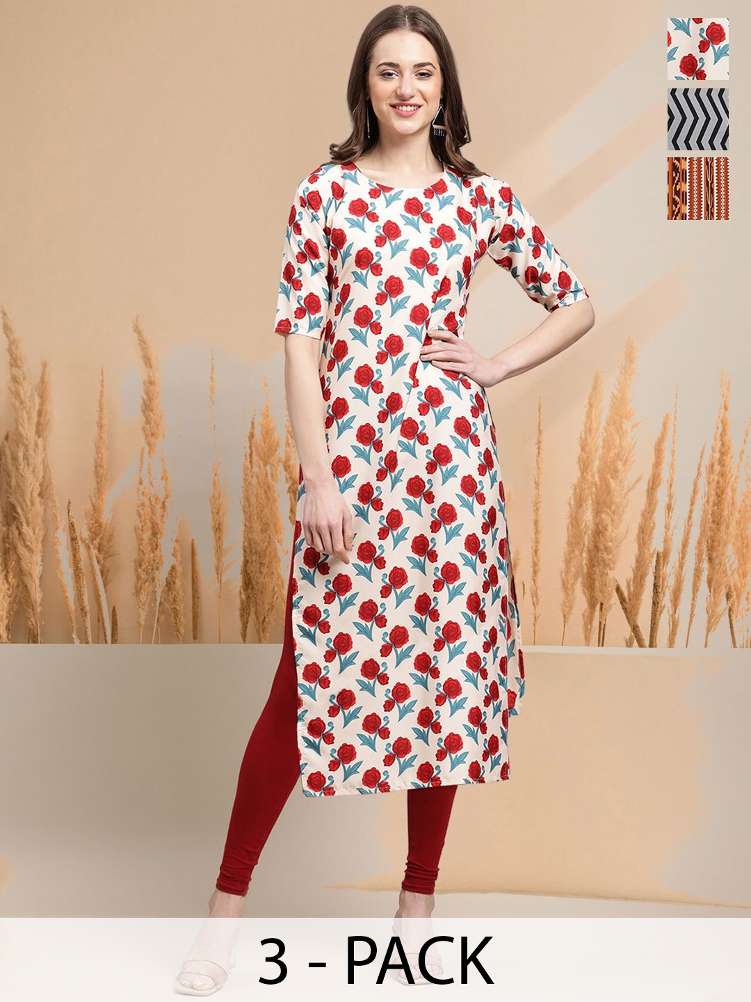 

7Threads Selection of 3 Floral Printed Round Neck Straight Kurtas, White