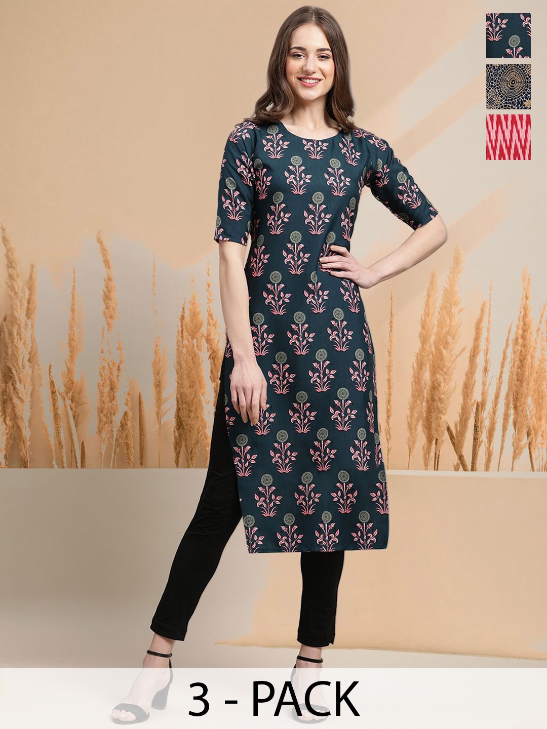 

7Threads Selection Of 3 Floral Printed Round Neck Straight Kurtas, Teal