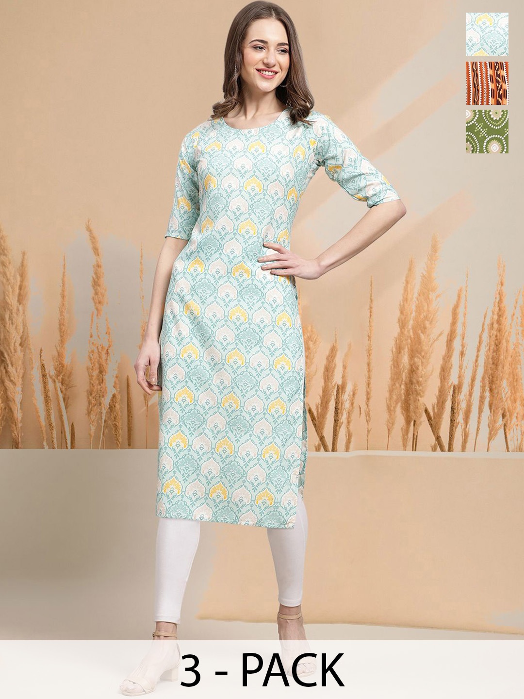 

7Threads Selection of 3 Ethnic Motifs Printed Round Neck Straight Kurtas, Blue