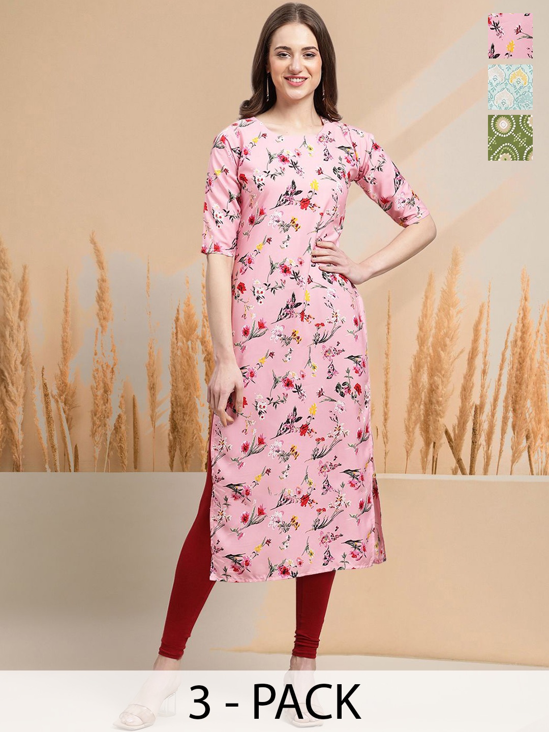 

7Threads Selection Of 3 Floral Printed Round Neck Straight Kurtas, Pink