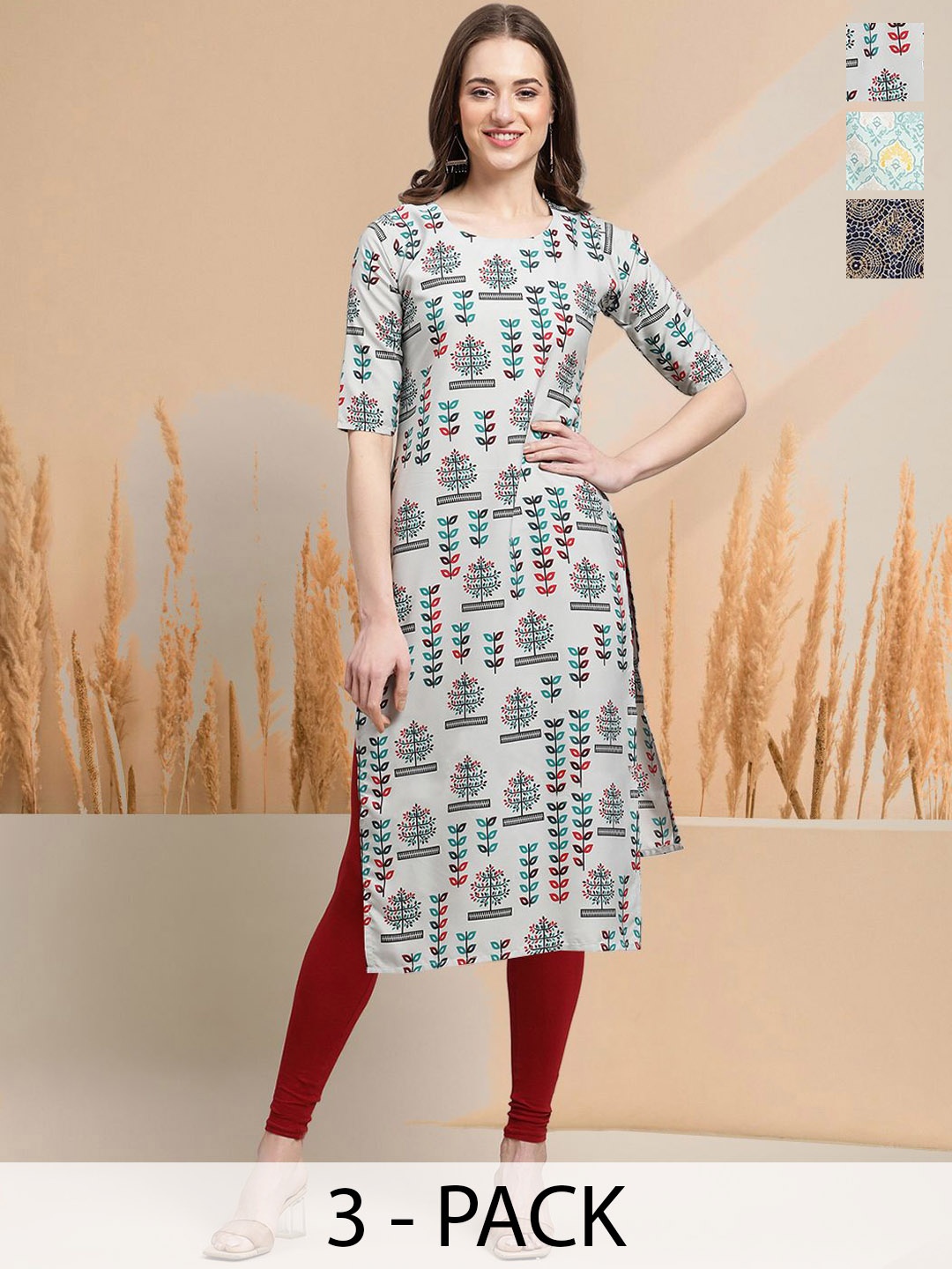 

7Threads Selection Of 3 Floral Printed Round Neck Straight Kurtas, Off white