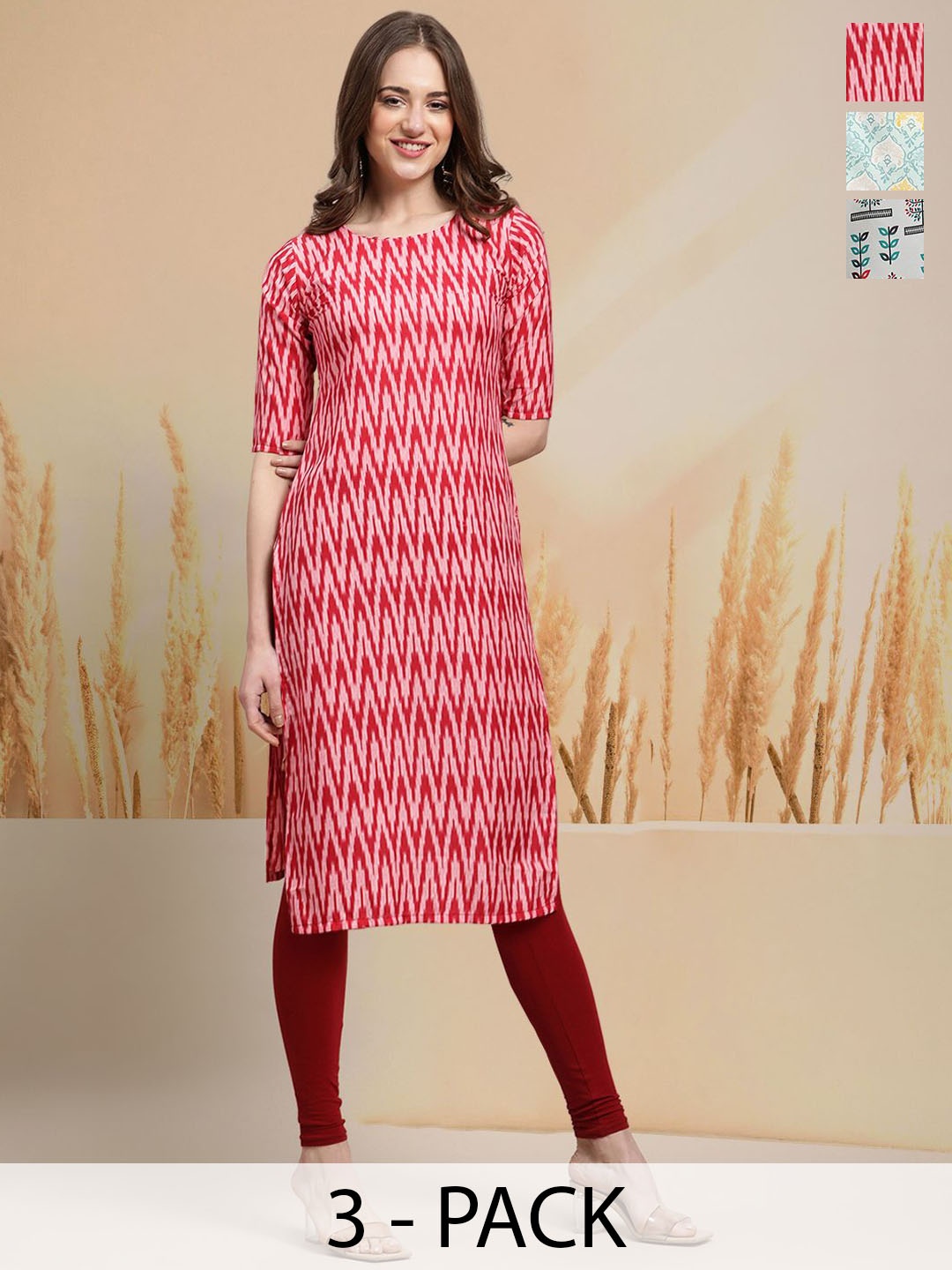 7Threads Selection of 3 Chevron Printed Round Neck Straight Kurtas, Red