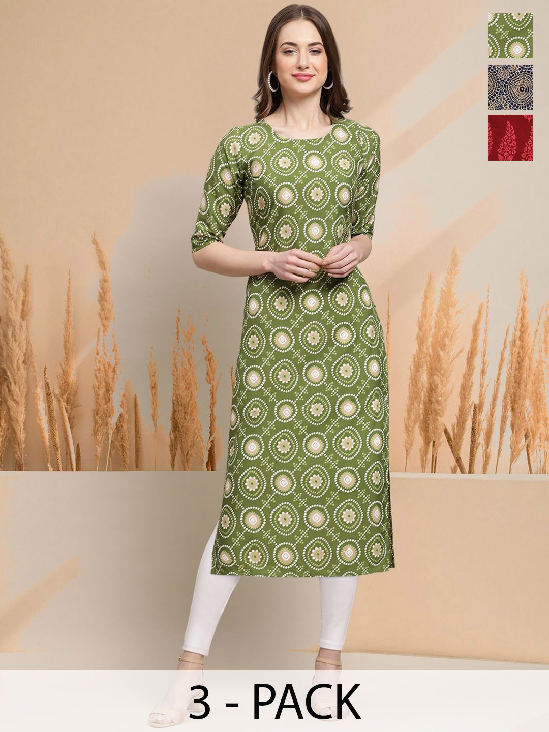 

7Threads Selection Of 3 Ethnic Motifs Printed Round Neck Straight Kurtas, Green
