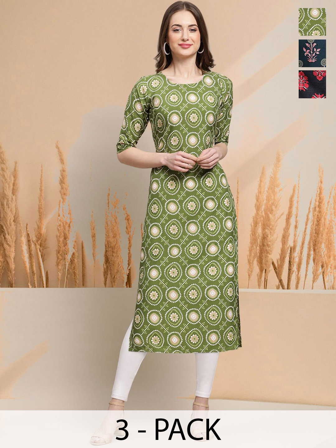 

7Threads Selection Of 3 Floral Printed Round Neck Straight Kurtas, Green