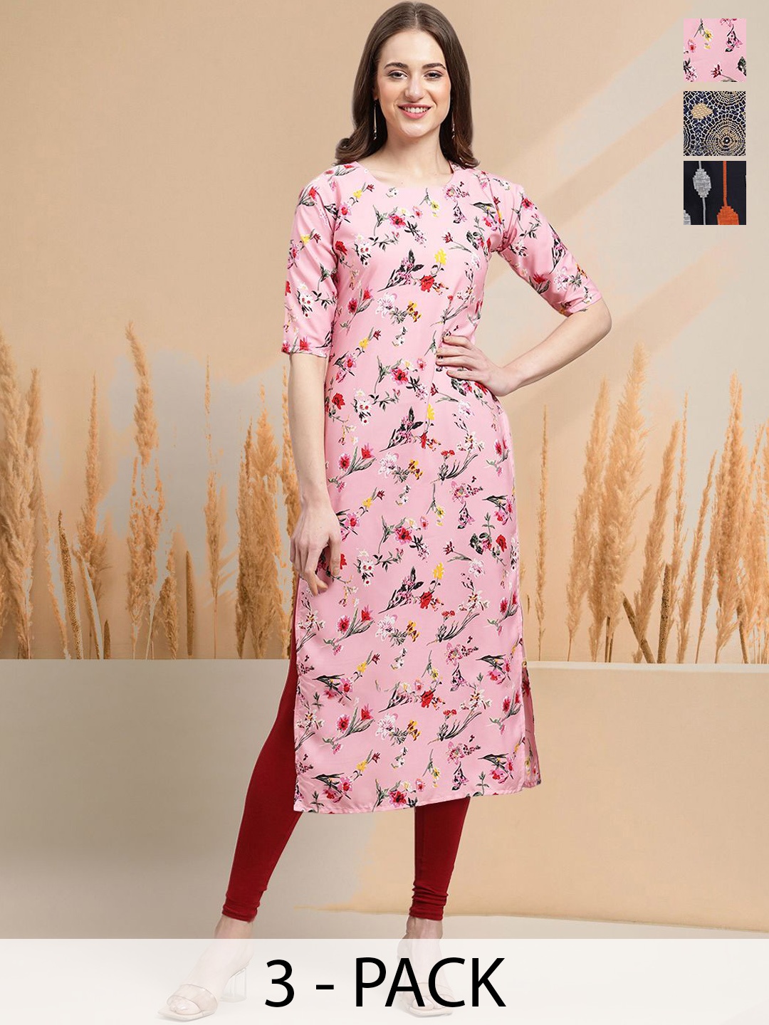 

7Threads Selection Of 3 Floral Printed Round Neck Straight Kurtas, Red