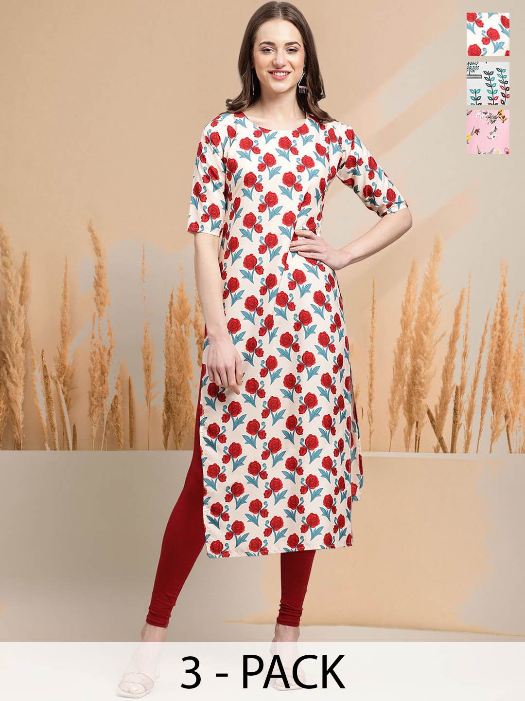 

7Threads Selection Of 3 Floral Printed Round Neck Straight Kurtas, Off white