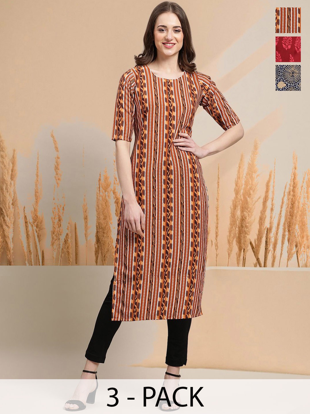 

7Threads Selection Of 3 Geometric Printed Round Neck Straight Kurtas, White