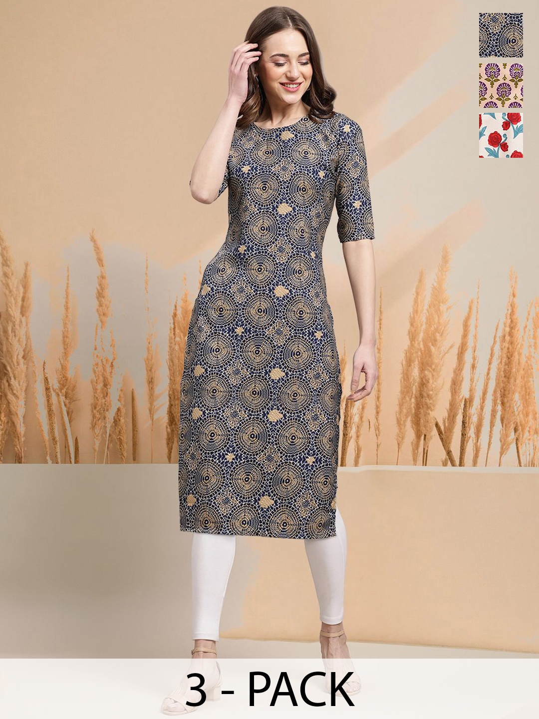 

7Thread Selection of 5 Ethnic Motifs Printed Round Neck Straight Kurtas, Brown