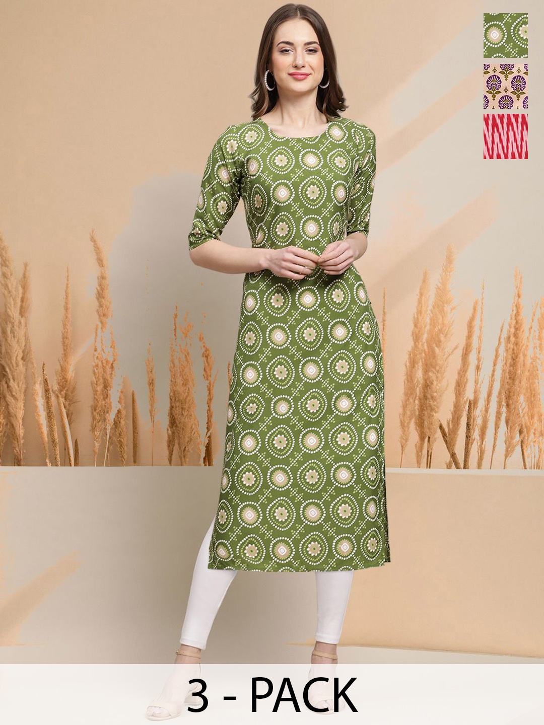 

7Threads Selection Of 3 Ethnic Motifs Printed Round Neck Kurtas, Green