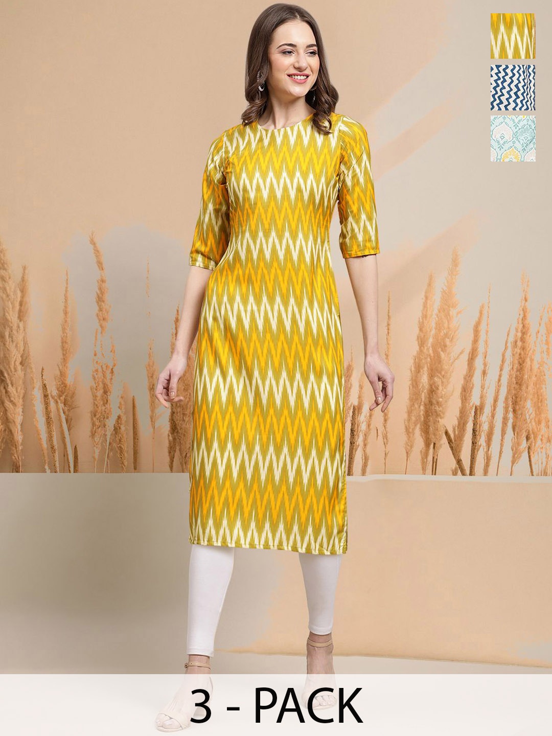 

7Threads Selection Of 3 Chevron Printed Round Neck Straight Kurtas, Mustard