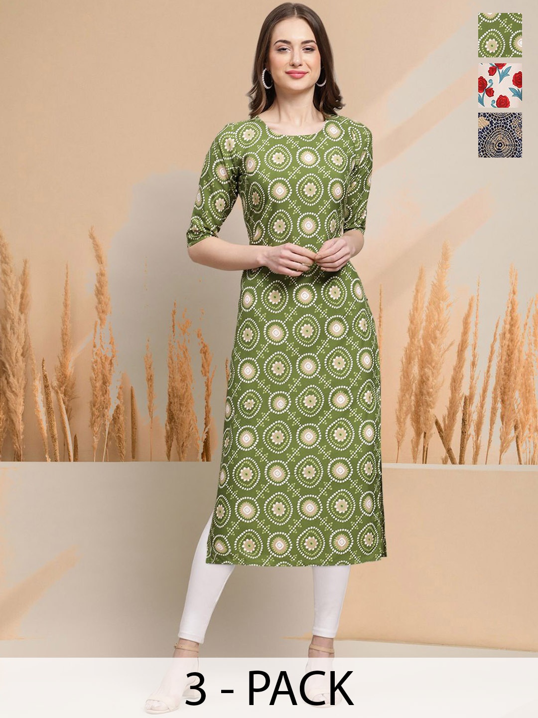 7Threads Selection Of 3 Ethnic Motifs Printed Round Neck Kurta, Green