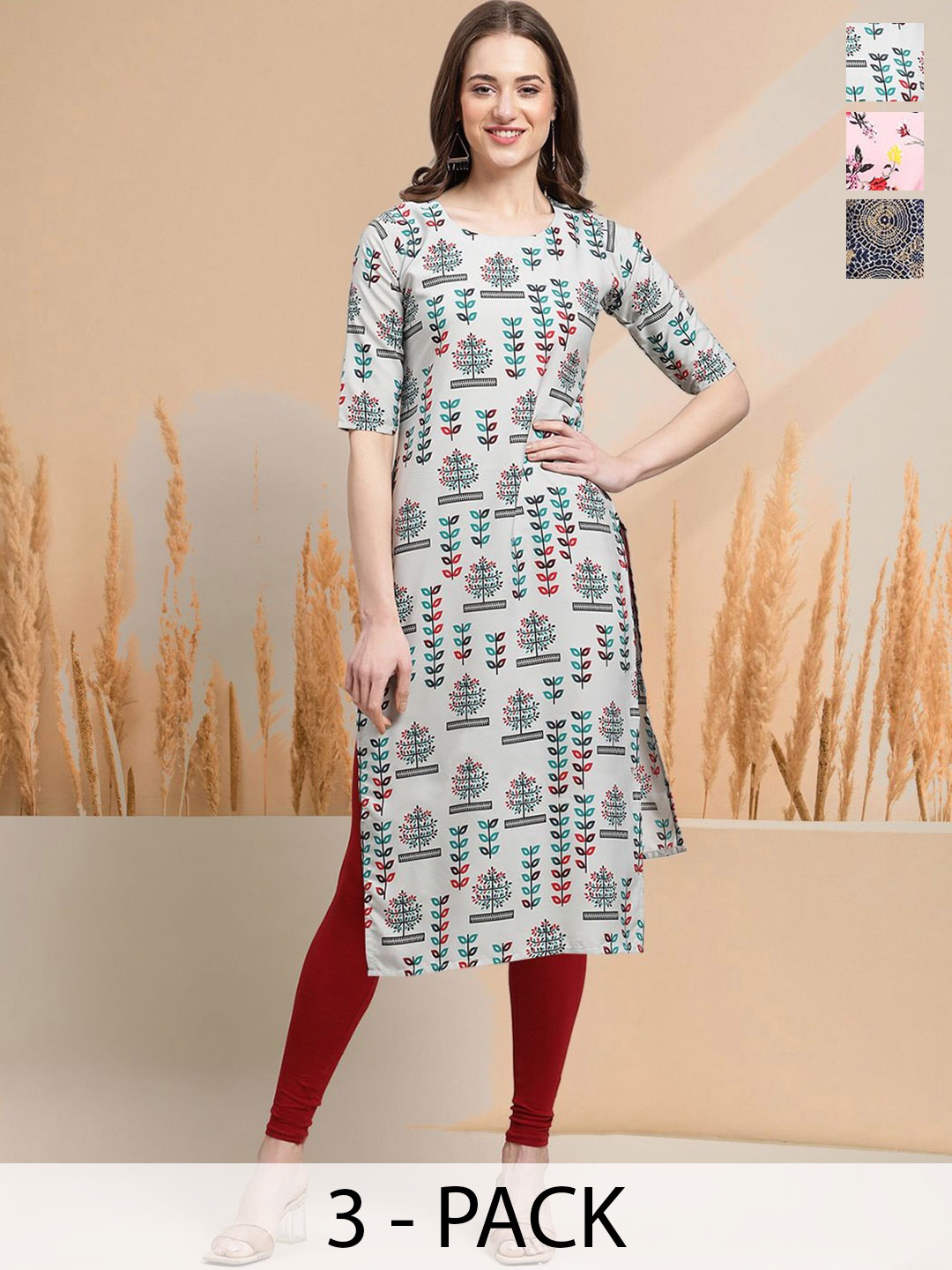 

7Threads Selection Of 3 Floral Printed Round Neck Straight Kurtas, Grey