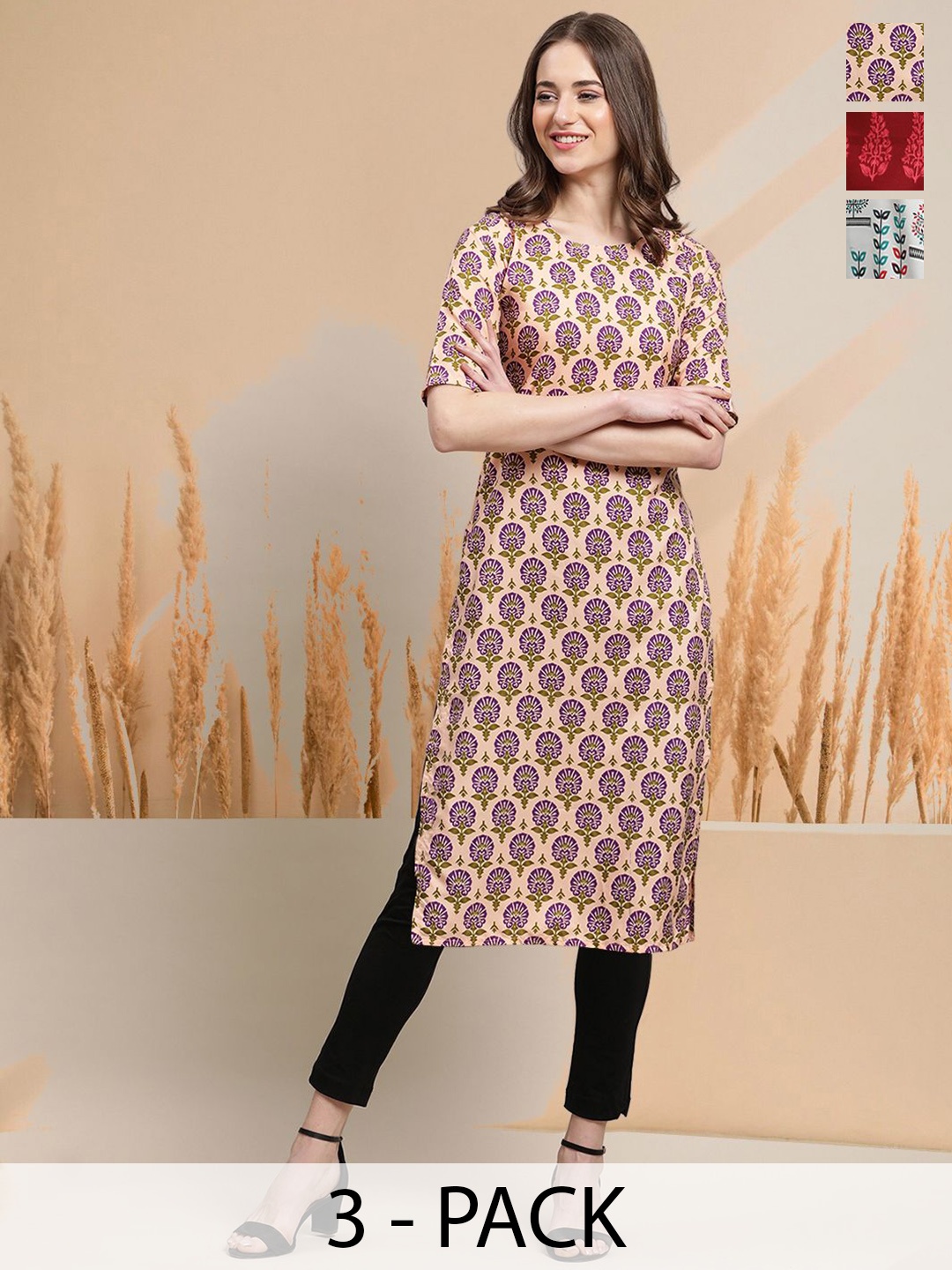 

7Threads Selection Of 3 Floral Printed Round Neck Straight Kurtas, Cream