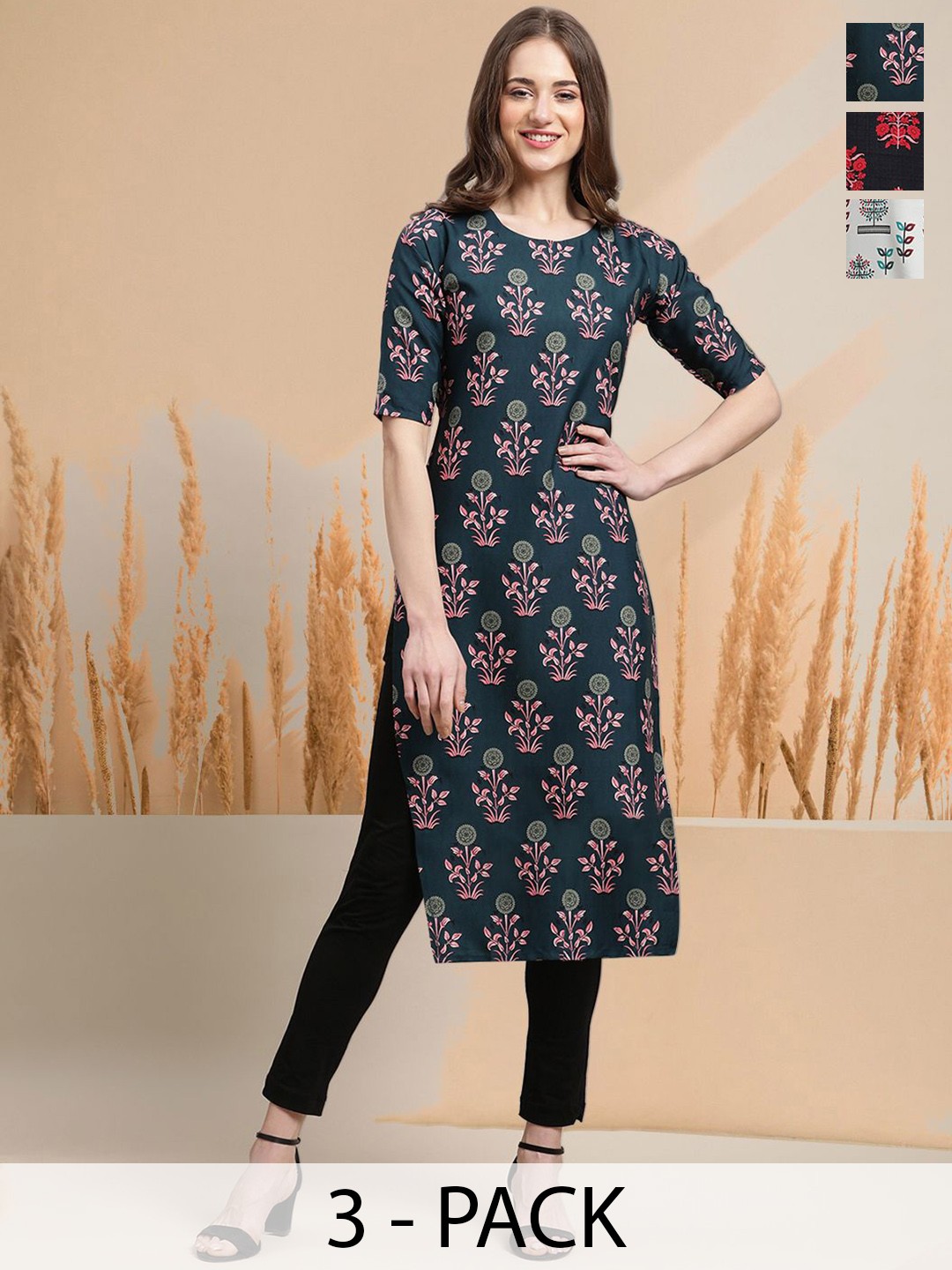 

7Threads Selection of 3 Floral Printed Round Neck Straight Kurtas, Blue