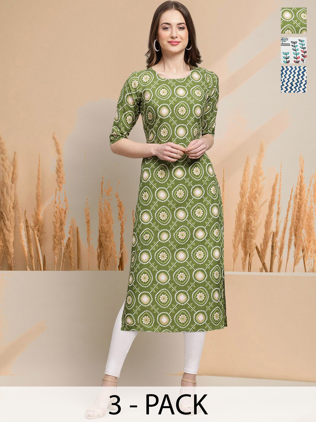 

7Threads Selection Of 3 Geometric Printed Round Neck Straight Kurtas, Green