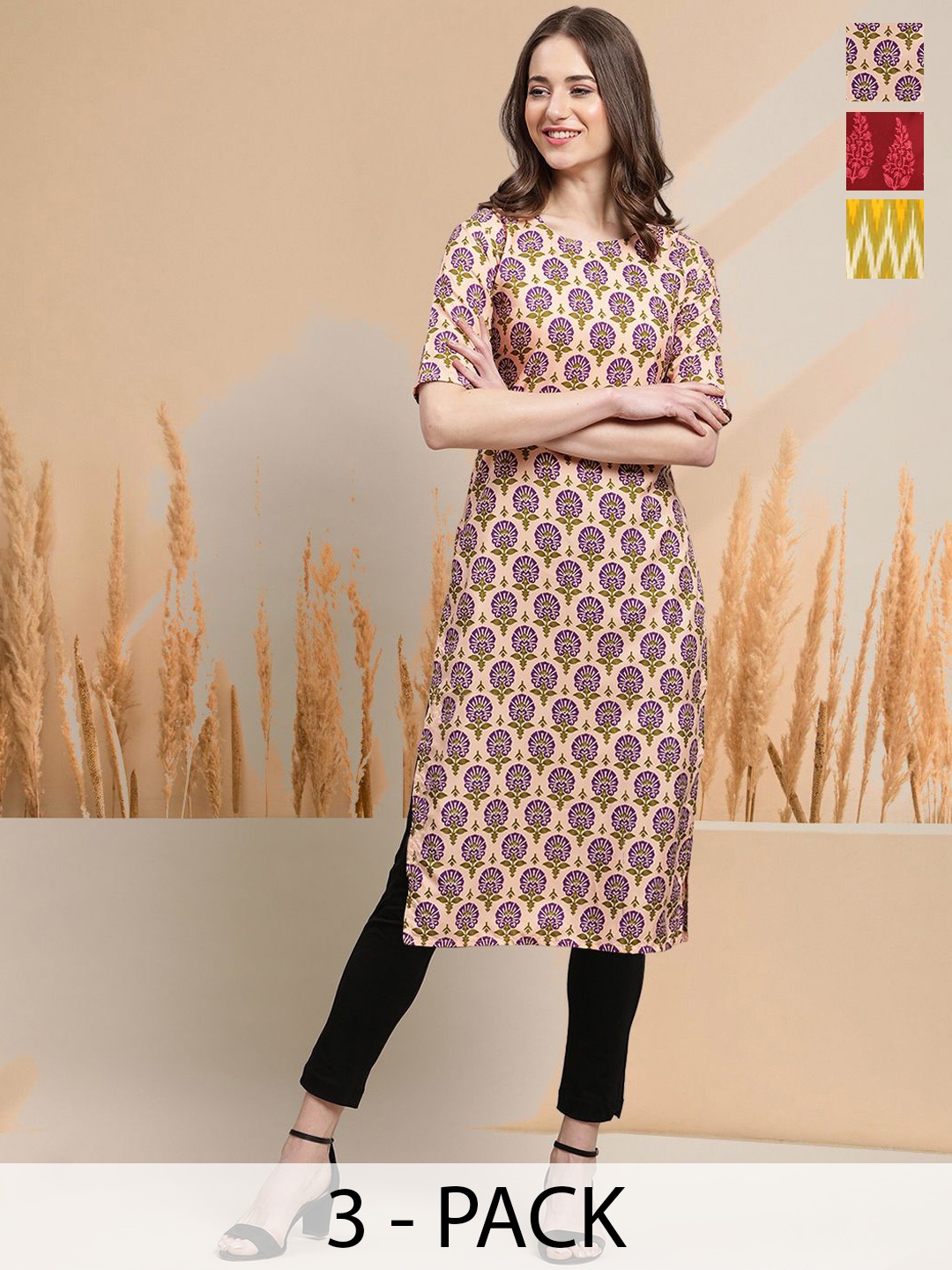 

7Threads Selection Of 3 Ethnic Motifs Printed Round Neck Kurtas, Beige