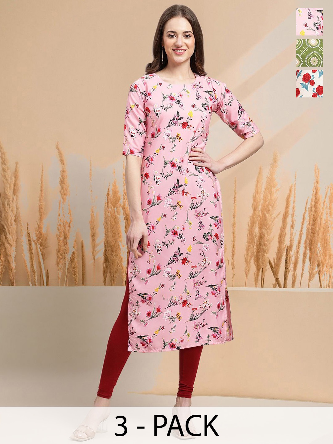 

7Threads Selection of 3 Floral Printed Round Neck Straight Kurtas, Pink