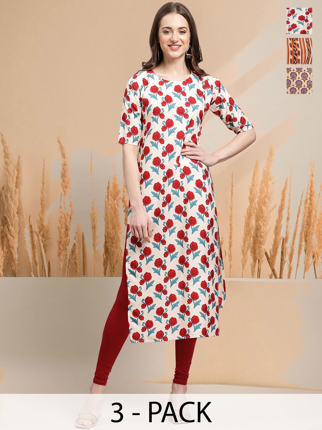 

7Threads Selection Of 3 Floral Printed Round Neck Straight Kurtas, Red