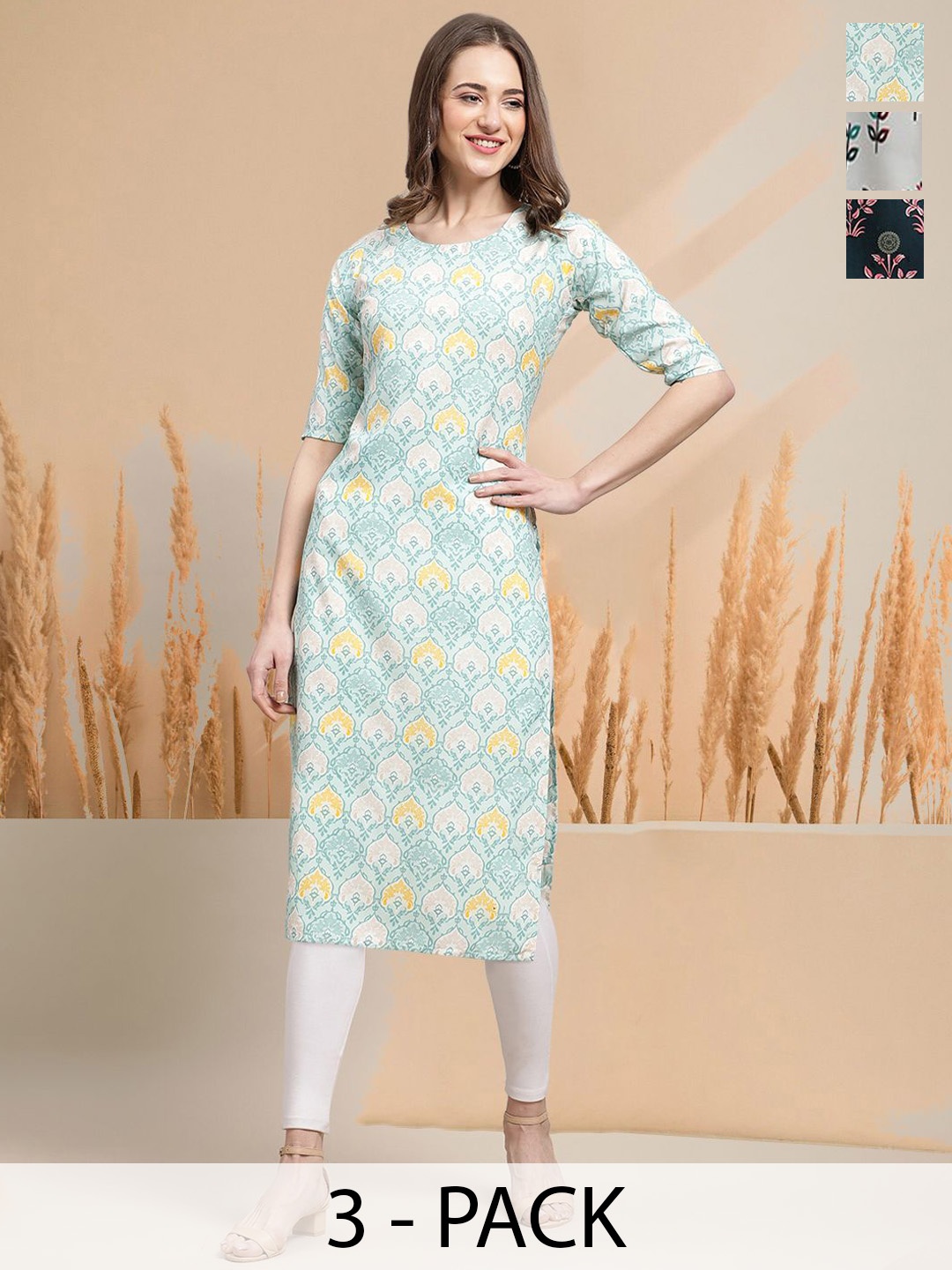 7Threads Selection of 3 Floral Printed Round Neck Straight Kurtas, Blue