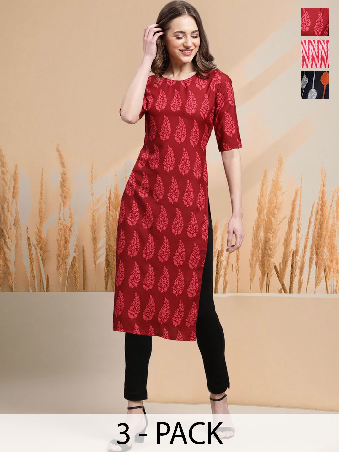 

7Threads Selection Of 3 Floral Printed Round Neck Straight Kurtas, Red