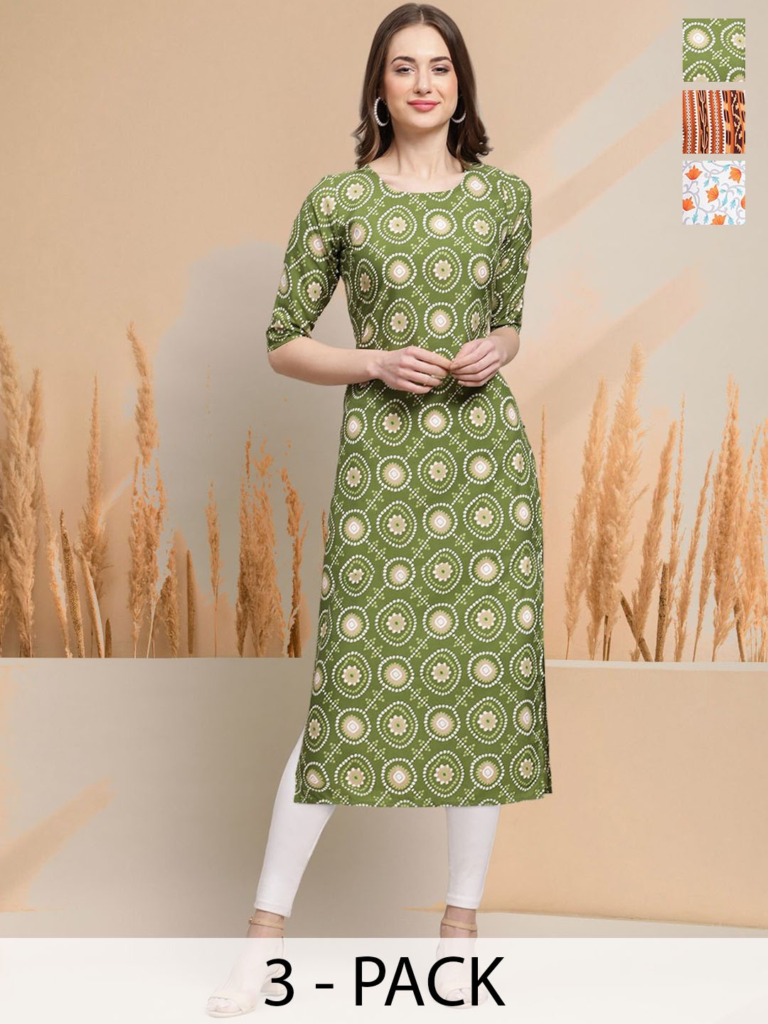 

7Threads Selection of 3 Geometric Printed Round Neck Straight Kurtas, Green