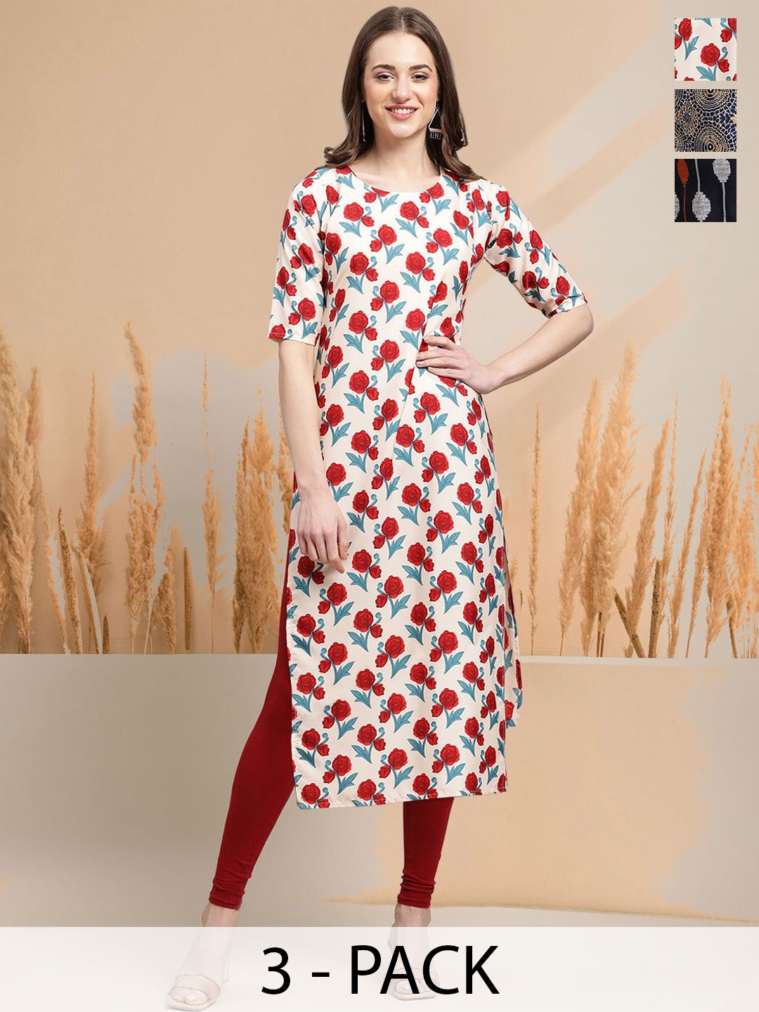 

7Threads Selection Of 3 Floral Printed Round Neck Straight Kurtas, Beige