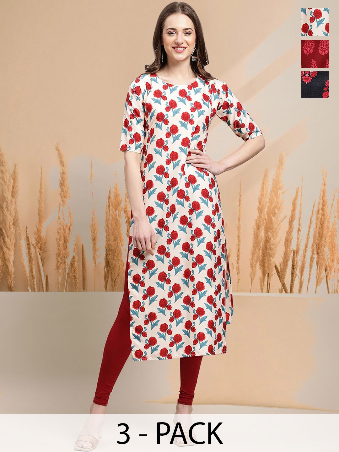 

7Threads Selection Of 3 Floral Printed Round Neck Straight Kurtas, Beige