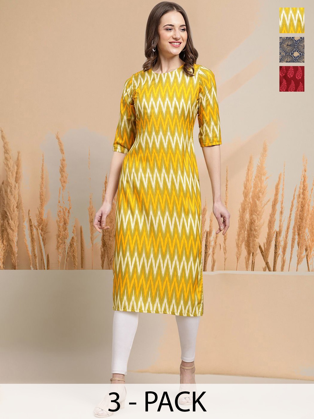 

7Threads Selection Of 3 Chevron Printed Round Neck Kurtas, Yellow