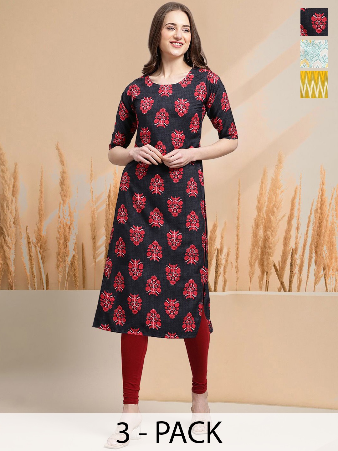 

7Threads Selection Of 3 Ethnic Motifs Printed Round Neck Kurtas, Black