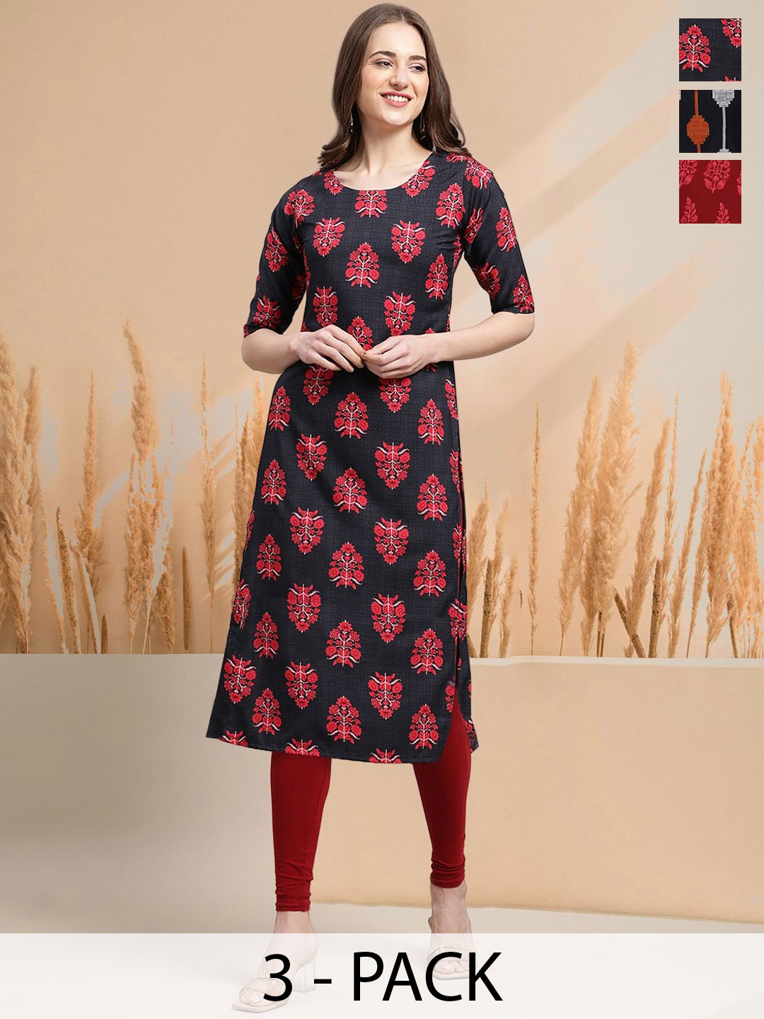 

7Threads Selection of 3 Floral Printed Round Neck Straight Kurtas, Black