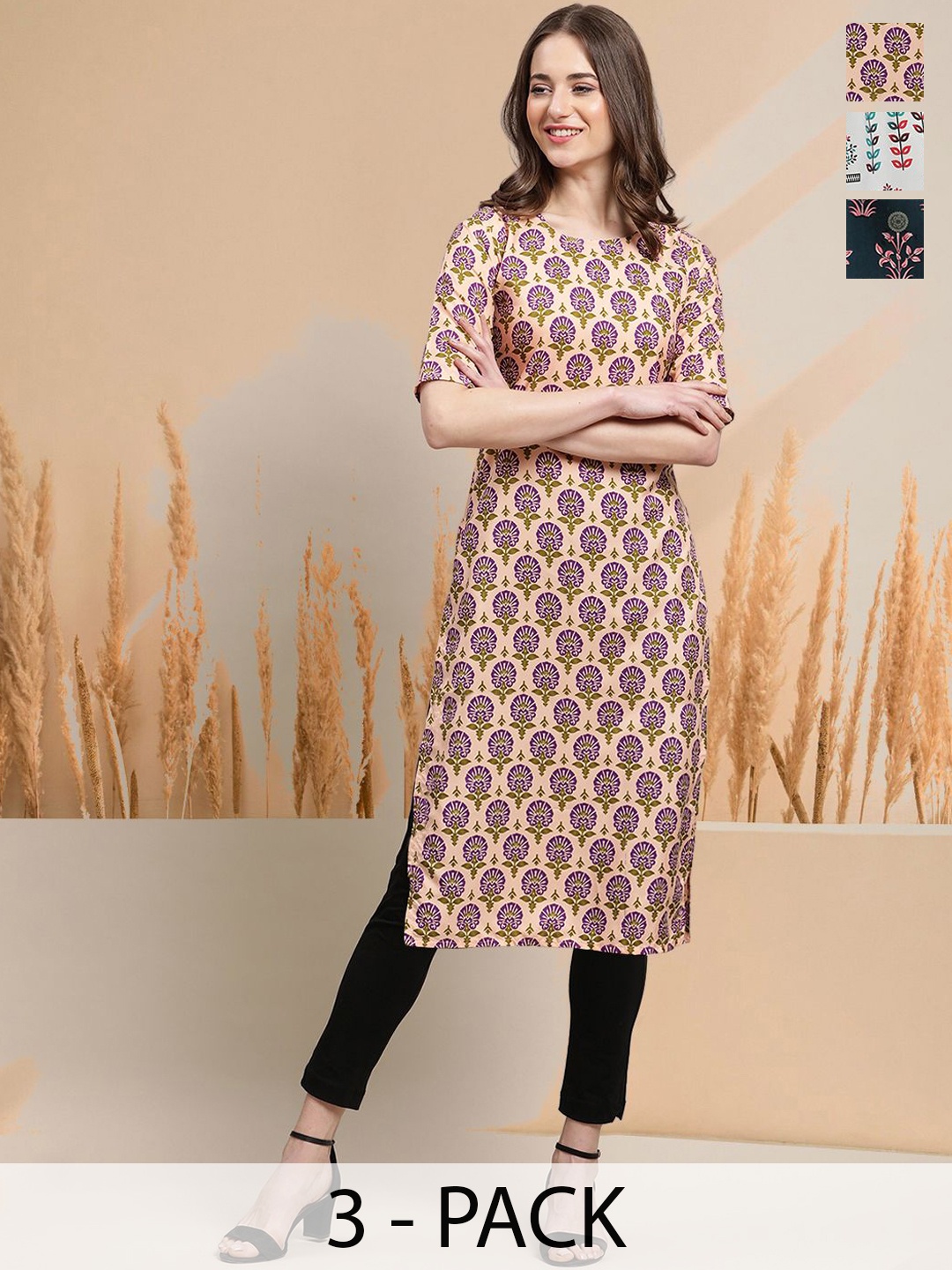 

7Threads Selection Of 3 Ethnic Motifs Printed Round Neck Straight Kurtas, Peach