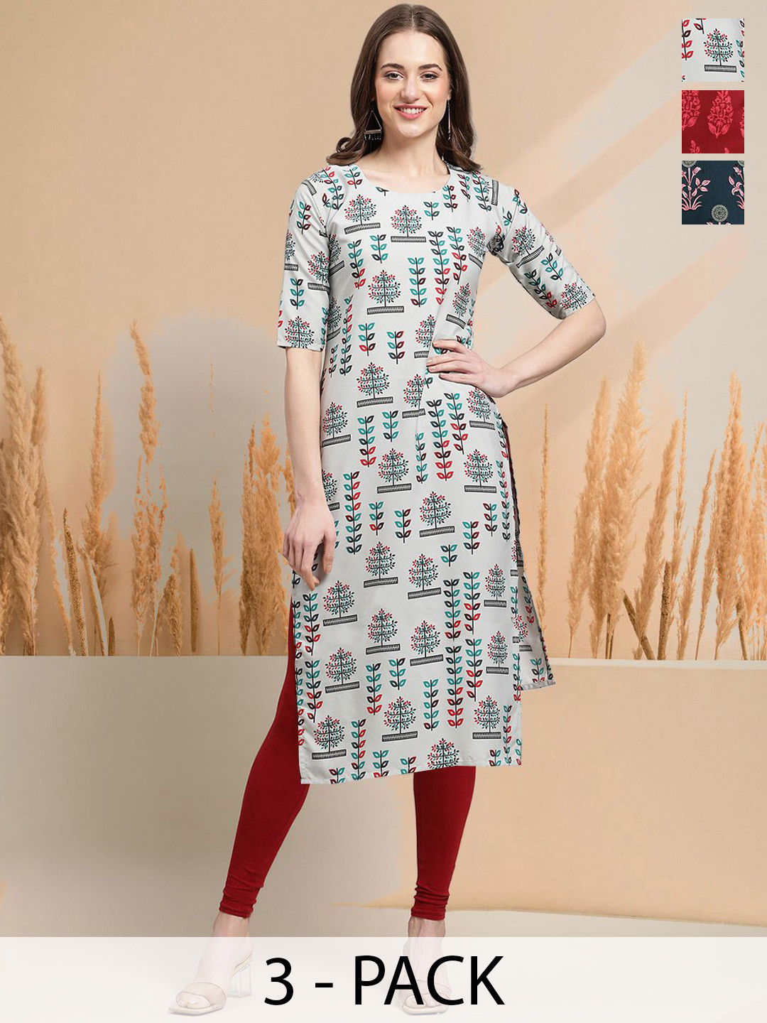 

7Threads Selection Of 3 Floral Printed Round Neck Straight Kurtas, White