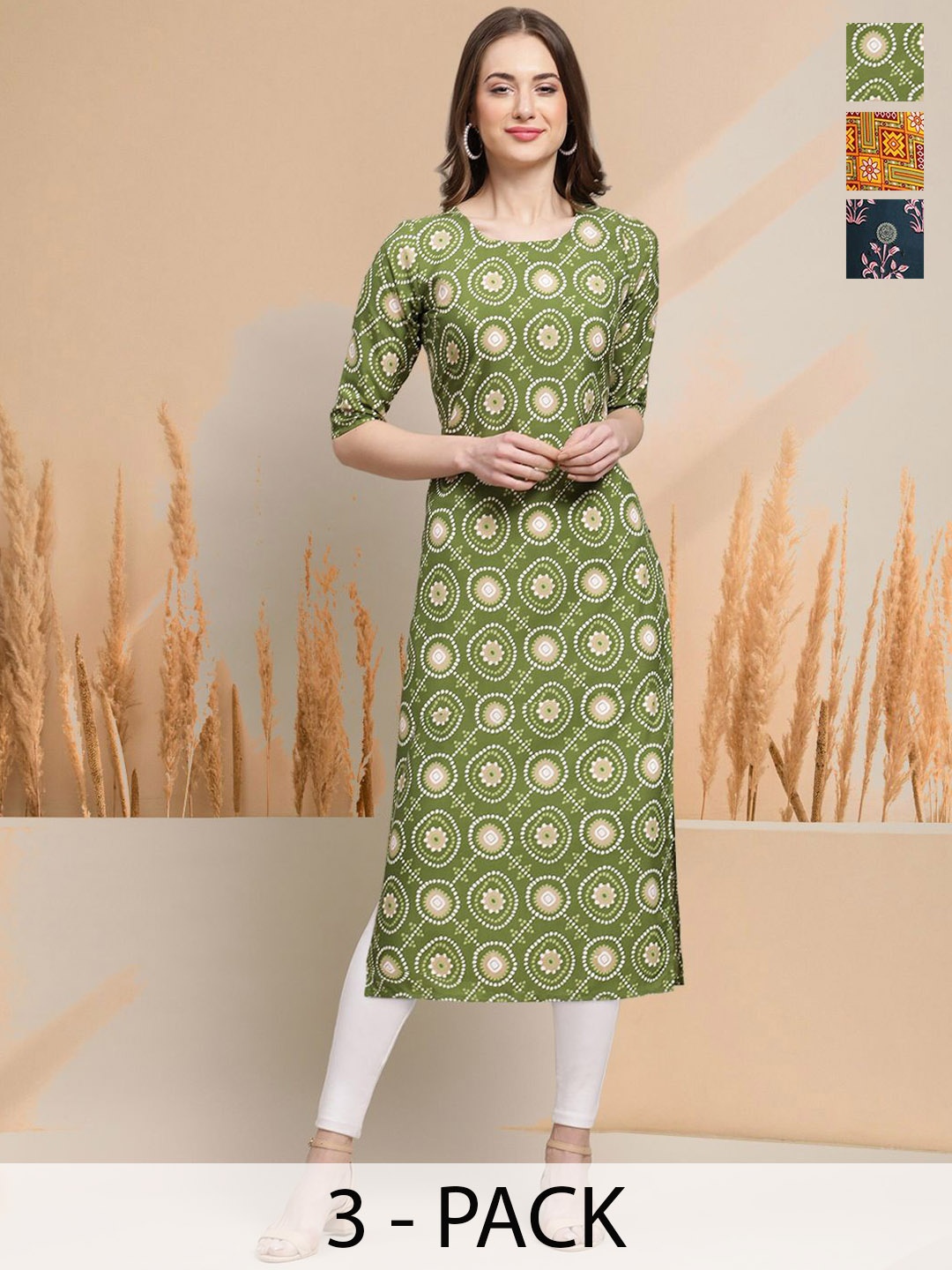

7Threads Selection Of 3 Ethnic Motifs Printed Round Neck Straight Kurtas, Green