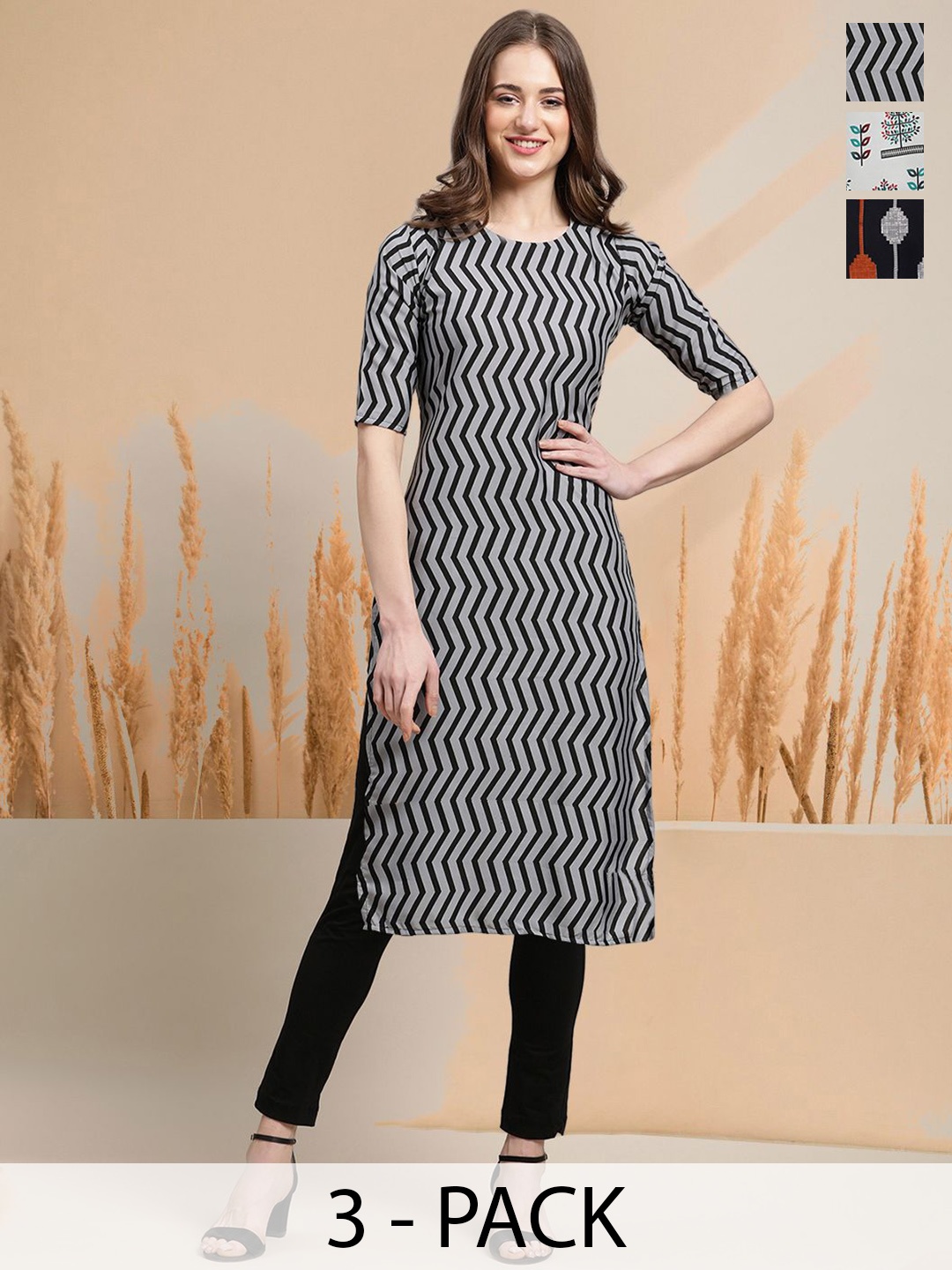

7Threads Selection of 3 Chevron Printed Round Neck Straight Kurtas, Grey