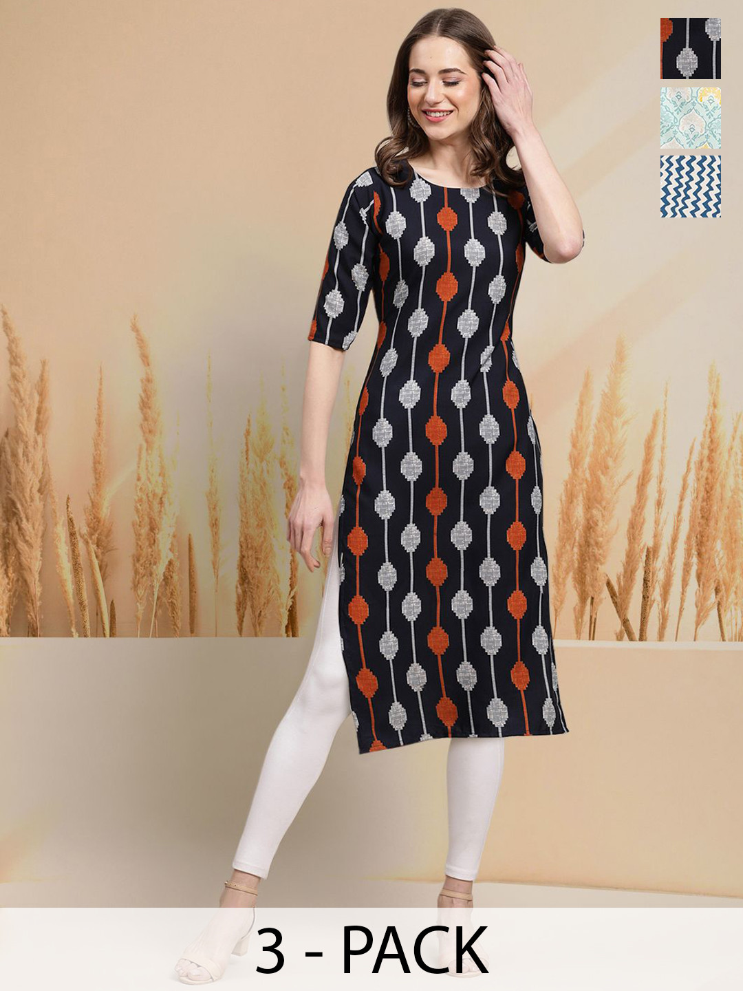 

7Threads Selection Of 3 Ethnic Motifs Printed Round Neck Straight Kurtas, Black